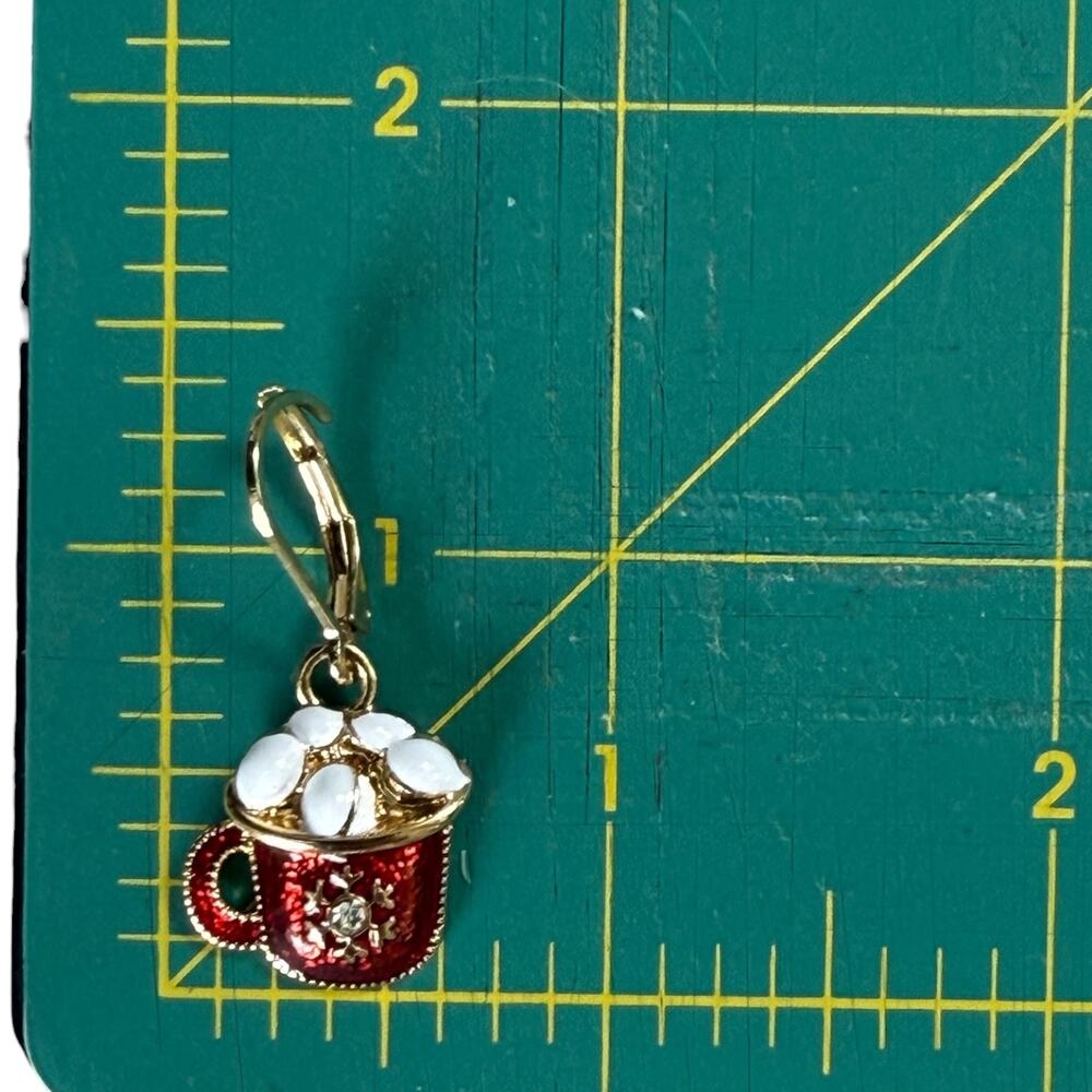 New NAPIER Hot Cocoa Mug Dangle Earrings Red Enamel Marshmallow Snowflake - Picture 3 of 5